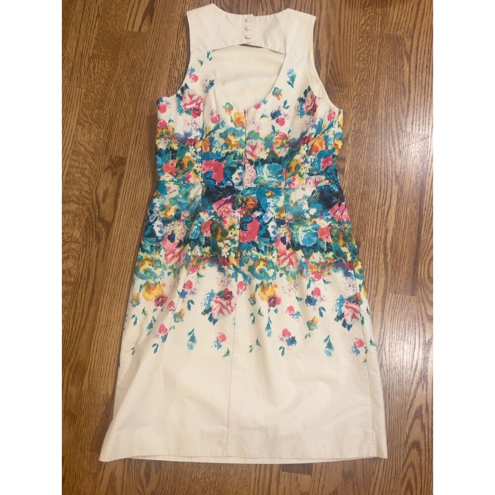 Anthropologie Maeve Size 10 Watercolor Floral Fit & Flare Dress Ivory Cotton